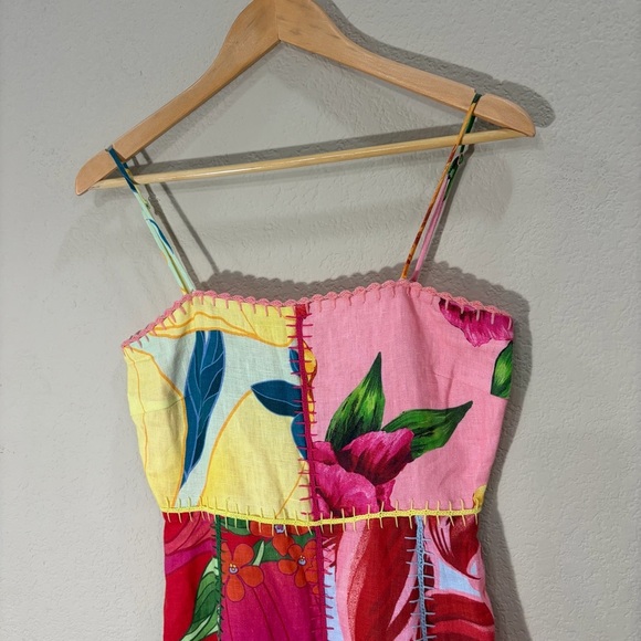 Farm Rio Mixed Garden Dress Floral Patch Linen Midi Sz XS Boho Beachy Wedding - Picture 3 of 14